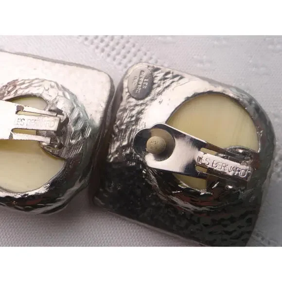 Vintage Les Bernard Signed Silver Tone and Cream Clip-On Earrings Lot 3 - Picture 3 of 9